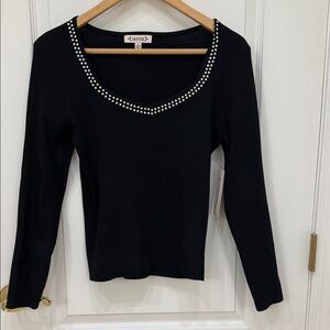 Nanette Lepore Black Long Sleeve Top with Studded Neckline